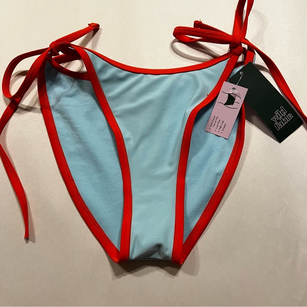 NWT Light Blue & Red Contrast Tie-Side Bikini Bottom